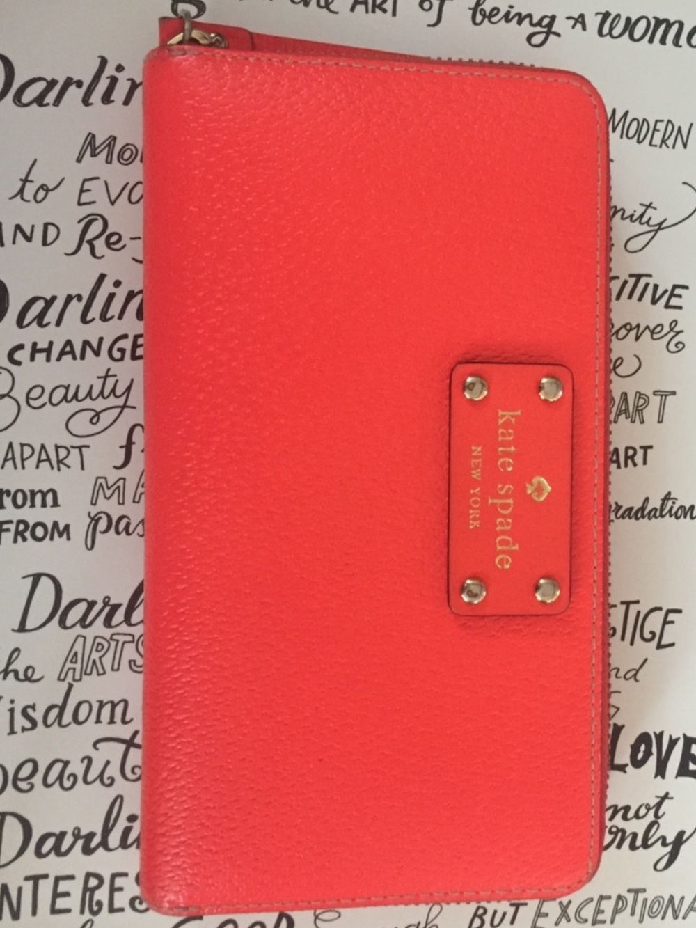 kate spade Coral Red Zip Wallet with Logo Plate